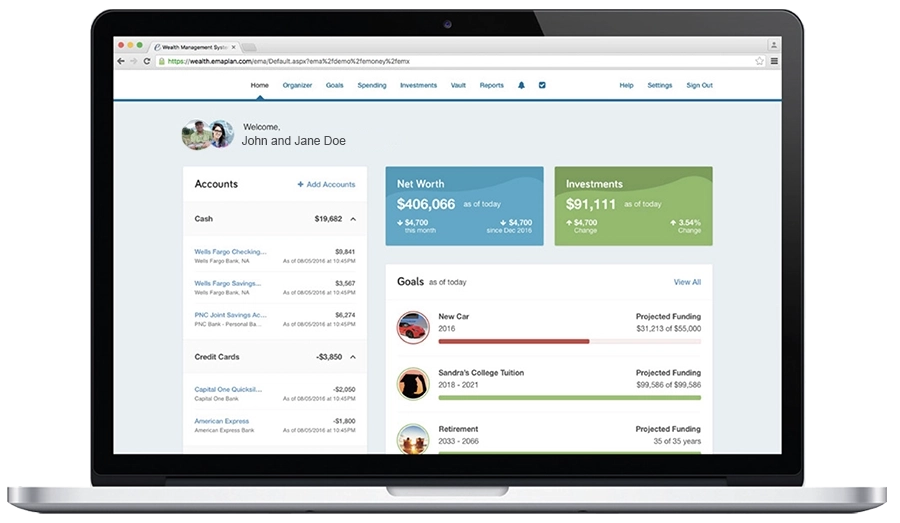 Open laptop displaying a wealth management dashboard with account balances, net worth, investments, and financial goals. Perfect for illustrating financial organization and planning tools.