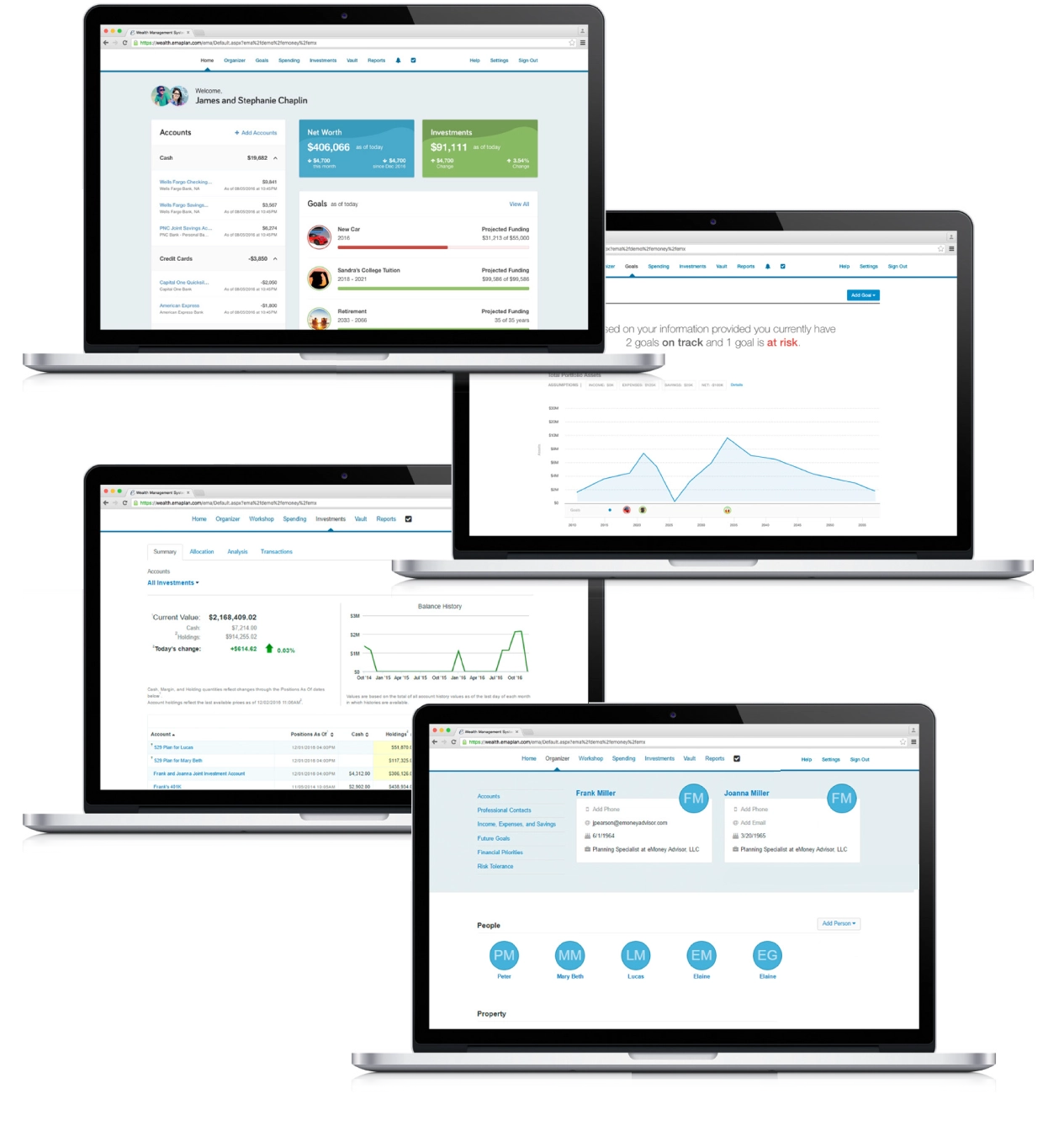 Collage of laptop screens displaying various financial management dashboards and graphs, showcasing account balances, net worth, investments, and goal tracking.