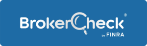 Logo of BrokerCheck by FINRA in white text on a blue background, with a magnifying glass integrated into the letter 'C'.